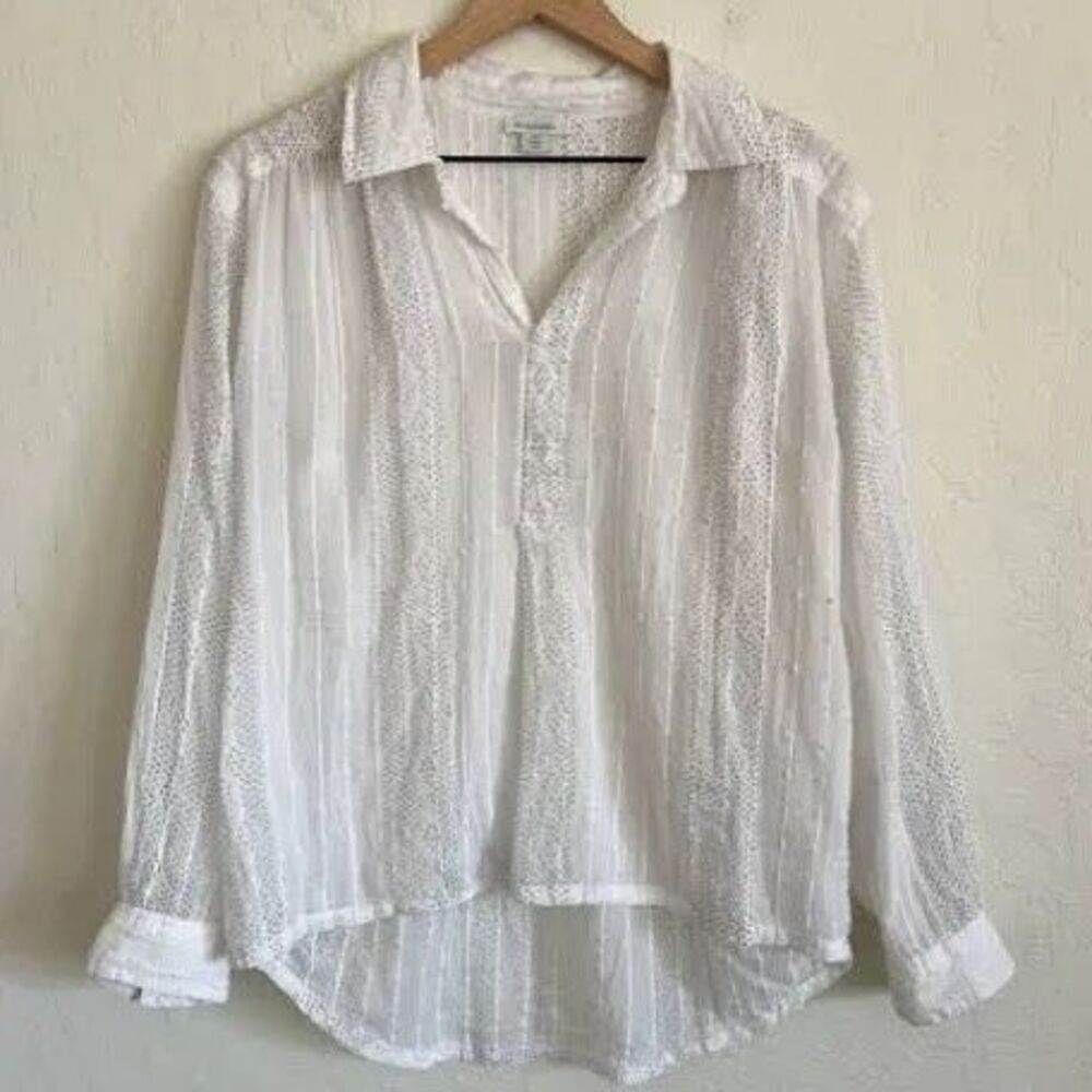 Sundance Sheer White Swiss Dot Striped Popover Shirt Large Cotton